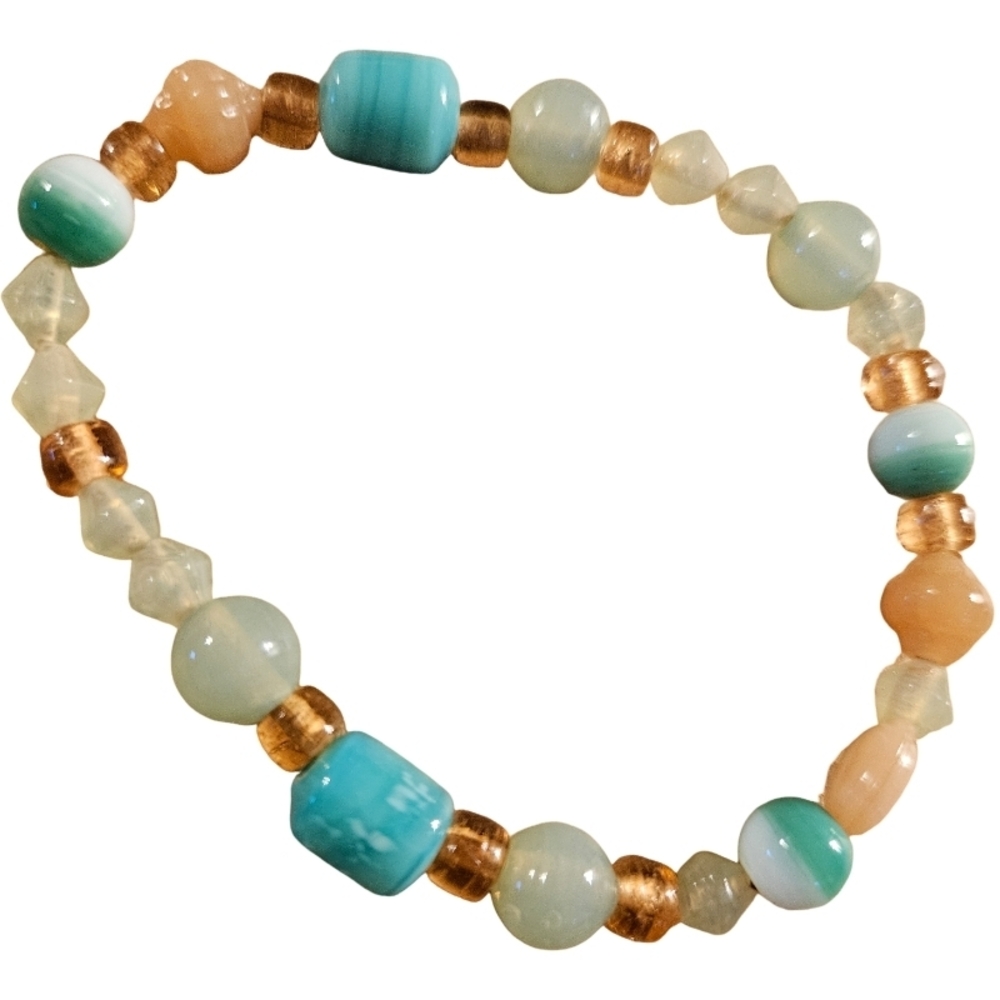 multicolor beaded stretch bracelet featuring aqua and peach-colored beads